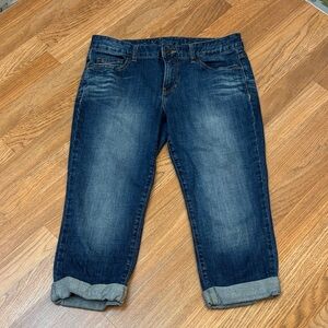 Vintage Calvin Klein Jeans distressed blue capri rolled cuff design. Size 10.